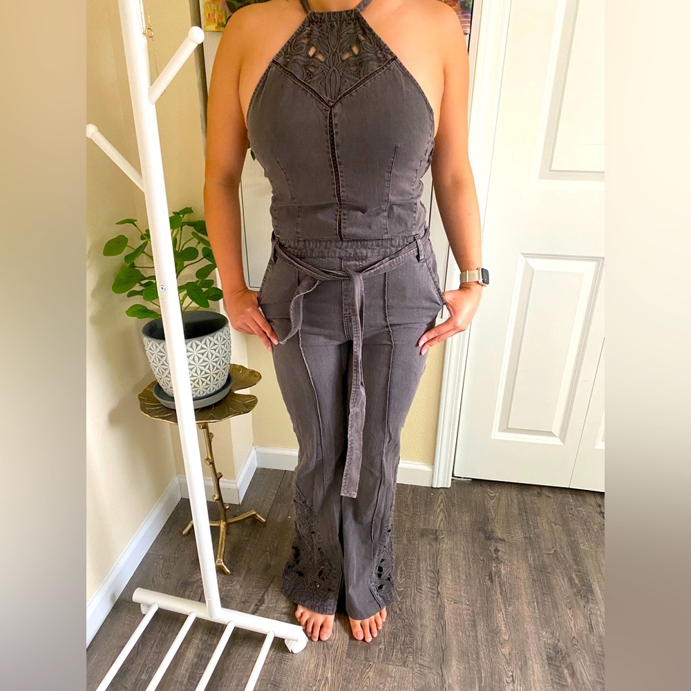 Free People Halter Top Denim Jumpsuit